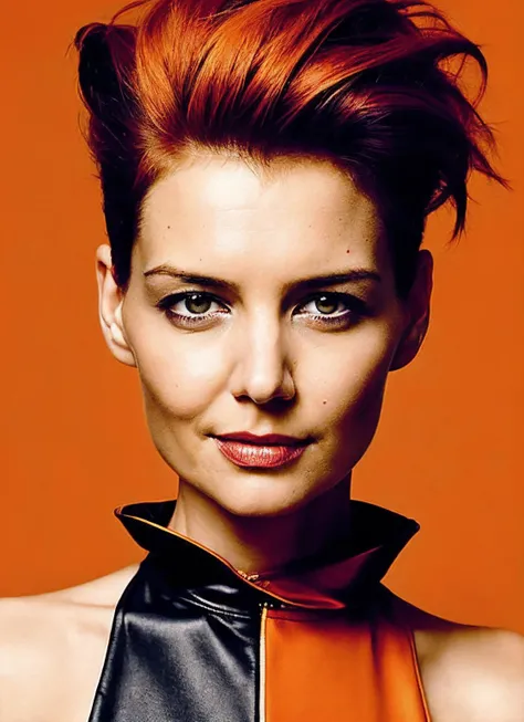 portrait of sks woman by Flora Borsi, style by Flora Borsi, bold, bright colours, orange Mohawk haircut, ((Flora Borsi)), <lora:locon_katieholmes_v1_from_v1_64_32:1.25>
