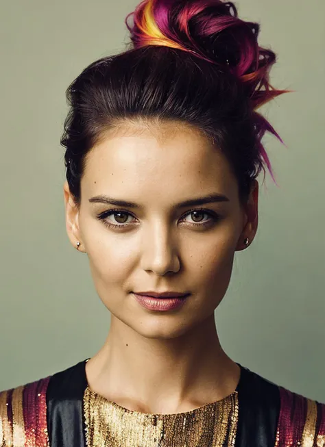 portrait of sks woman by Flora Borsi, style by Flora Borsi, bold, bright colours, rainbow Mohawk haircut, ((Flora Borsi)), <lora:locon_katieholmes_v1_from_v1_64_32:1>