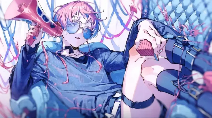 pink hair, male, 1boy, short hair, <lora:CH4NGE:1> ch4nge, megaphone, crossed legs,