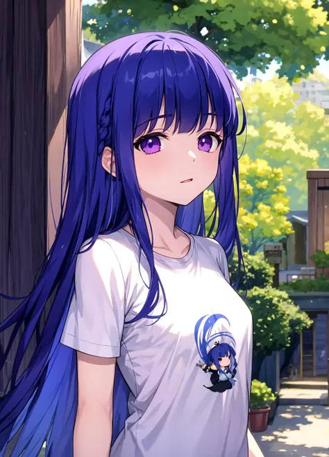 masterpiece, best quality, outdoors, frederica bernkastel,  (blue hair:1.4), small breasts, big T-shirt,   front view, looks at the viewer,  upper body,  hands behind your back, 1girl, solo, purple eyes, long hair,<lora:Frederica Bernkastel anyloraCheckpoint8ep20r512512-000003:0.7>