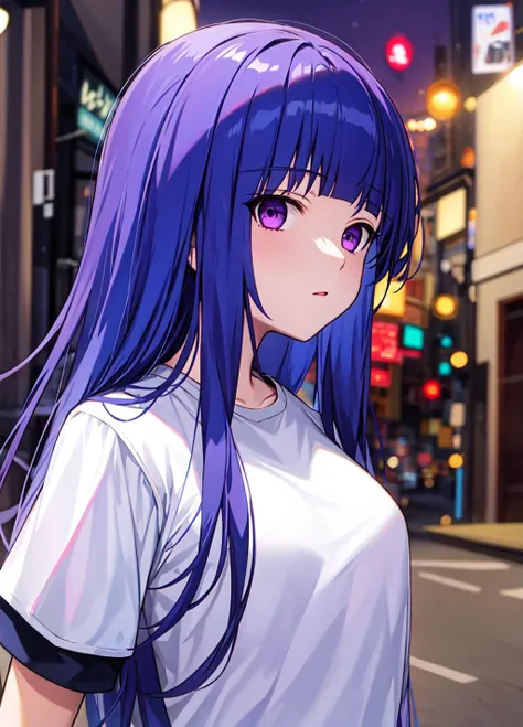 masterpiece, best quality, outdoors, frederica bernkastel, (blue hair:1.4), small breasts, big T-shirt, front view, looks at the viewer, upper body, hands behind your back, 1girl, solo, purple eyes, long hair,<lora:Frederica Bernkastel anyloraCheckpoint8ep20r512512-000003:0.7>