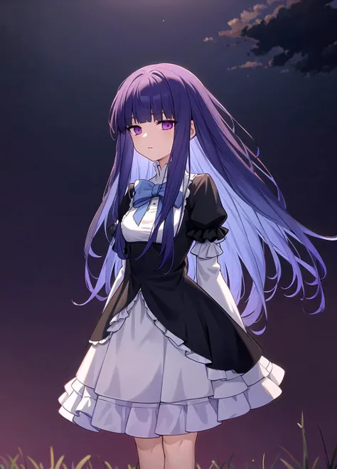 masterpiece, best quality, highres, Frederica Bernkastel, small breasts, red lights everywhere, standing, outdoors, hands behind your back, background empty field to the horizon, dark background, dark clouds sky, long hair, blue hair, blunt bangs, purple eyes, bowtie, frills, black dress, puffy sleeves, short over long sleeves, long sleeves, legs, dress, <lora:Frederica Bernkastel anylora8ep40r50r80r-000006:0.7>,