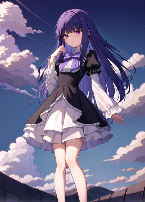 masterpiece, best quality, highres, Frederica Bernkastel, small breasts, cumulus clouds background, standing, outdoors, background red field, long hair, blue hair, blunt bangs, purple eyes, bowtie, frills, black dress, puffy sleeves, short over long sleeves, long sleeves, legs, dress, <lora:Frederica Bernkastel anylora8ep40r50r80r-000006:0.7>,