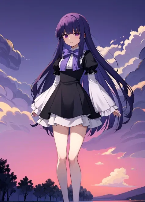 masterpiece, best quality, highres, background red clouds, background red field, long hair, blue hair, blunt bangs, purple eyes, bowtie, frills, black dress, puffy sleeves, short over long sleeves, long sleeves, legs, dress, <lora:Frederica Bernkastel anylora8ep40r50r80r-000006:0.7>, standing, outdoors