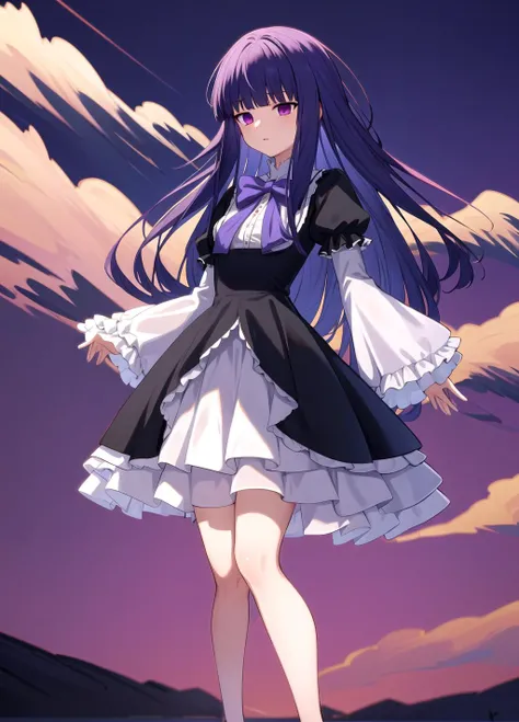 masterpiece, best quality, highres, Frederica Bernkastel, small breasts, background red clouds, background red field, long hair, blue hair, blunt bangs, purple eyes, bowtie, frills, black dress, puffy sleeves, short over long sleeves, long sleeves, legs, dress, <lora:Frederica Bernkastel anylora8ep40r50r80r-000006:0.7>, standing, outdoors