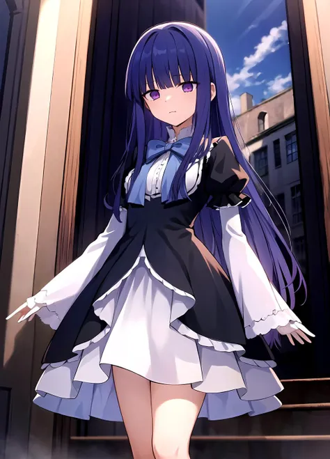 masterpiece, best quality, highres, frederica bernkastel, long hair, (blue hair:1.2), outdoors, blunt bangs, purple eyes, bowtie, frills, black dress, puffy sleeves, short over long sleeves, long sleeves, legs, standing, <lora:Frederica Bernkastel anylora8ep40r50r80r-000006:0.7>,