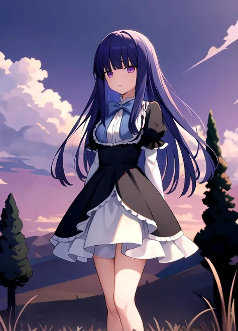masterpiece, best quality, highres, background green field, frederica bernkastel, long hair, (blue hair:1.2), outdoors, blunt bangs, purple eyes, bowtie, frills, black dress, puffy sleeves, short over long sleeves, long sleeves, legs, standing, <lora:Frederica Bernkastel anylora8ep40r50r80r-000006:0.7>,