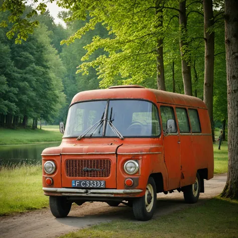 cinematic film still cinematic photo side of red rusty 60s polish delivery van, parked in the forest on a sunny day, trees and a lake visible in the background, epic still shoot <lora:add-detail-xl:1>  <lora:polish 60s delivery van-000001:1> . 35mm photograph, film, bokeh, professional, 4k, highly detailed . shallow depth of field, vignette, highly detailed, high budget Hollywood movie, bokeh, cinemascope, moody, epic, gorgeous, film grain, grainy