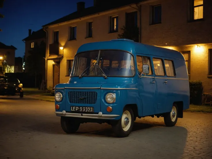 cinematic film still cinematic photo left side shot of dark blue 60s polish delivery van, parked in front of an eastern european apartment block from the 1980s, other blocks of flats illuminated by night lights in the background, epic still shoot <lora:add-detail-xl:1>  <lora:polish 60s delivery van-000001:1> . 35mm photograph, film, bokeh, professional, 4k, highly detailed . shallow depth of field, vignette, highly detailed, high budget Hollywood movie, bokeh, cinemascope, moody, epic, gorgeous, film grain, grainy