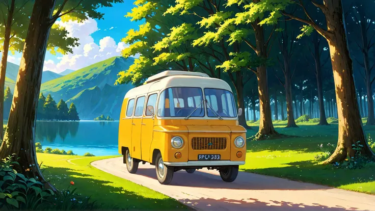 ethereal fantasy concept art of breathtaking anime artwork creamy 60s polish delivery van, parked in the forest on a sunny day, trees and a lake visible in the background, epic still shoot <lora:add-detail-xl:1> <lora:polish 60s delivery van-000001:1> . anime style, key visual, vibrant, studio anime, highly detailed . award-winning, professional, highly detailed . magnificent, celestial, ethereal, painterly, epic, majestic, magical, fantasy art, cover art, dreamy