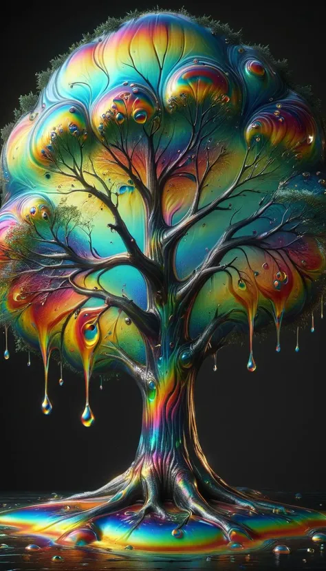 a large tree dripping with <lora:ral-oilspill:1> ral-oilspill 4k, dark background, subsurface scattering, ultra hd, 4k, high def, Photorealistic, Hyperrealistic, Hyper detailed, analog style, realistic, masterpiece, best quality, ultra realistic, 8k, Intricate, High Detail, film photography, soft lighting, heavy shadow