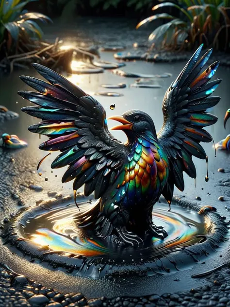 a helpless bird fighting for his life with spread out wings stuck in in a pond made of ais-tarmac <lora:Fresh_Tarmac_SXDL:1> <lora:ral-oilspill-sdxl:0.8> ral-oilspill water