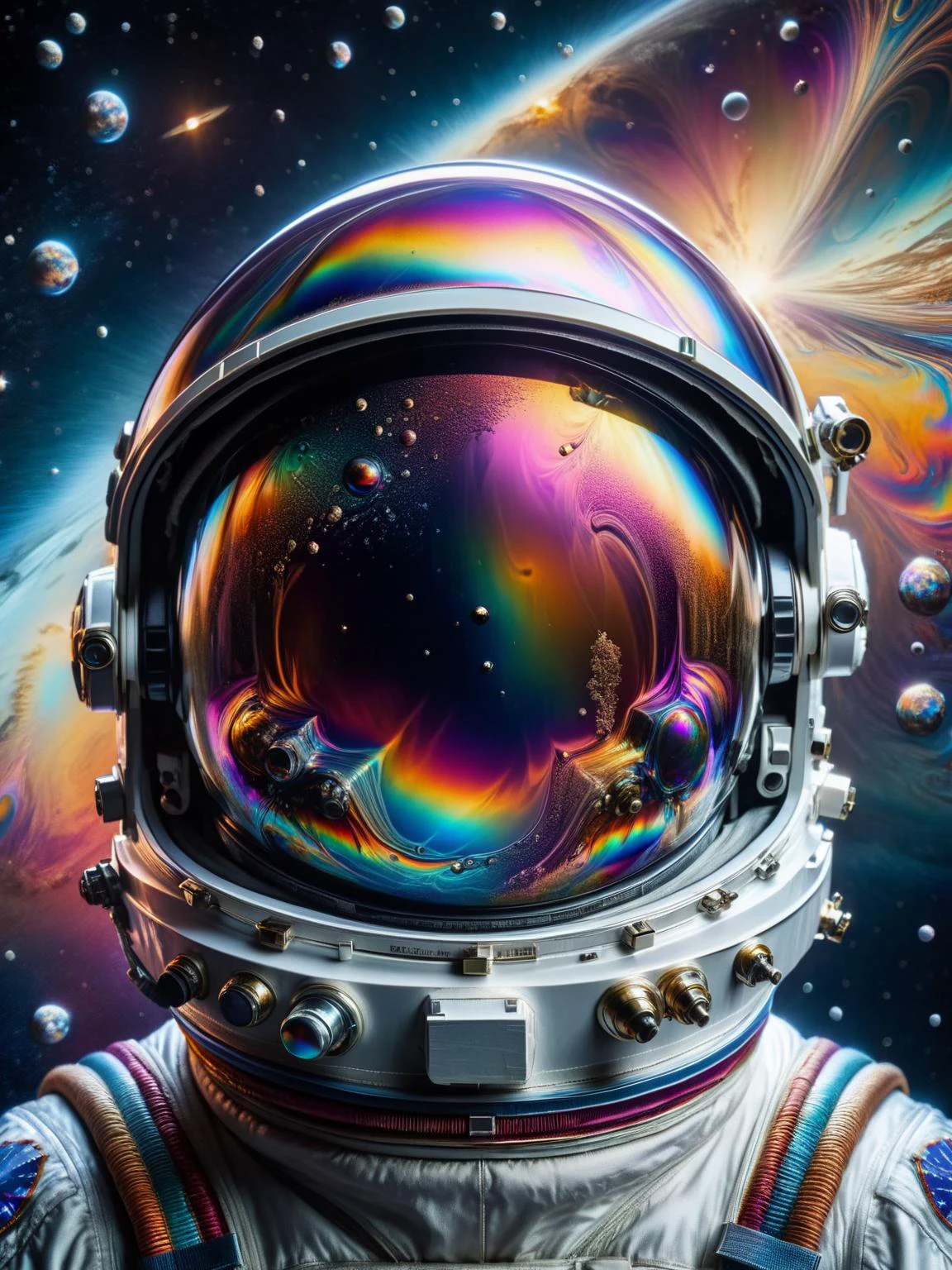 An astronaut's helmet reflecting a kaleidoscope of ral-oilspill hues against the stark backdrop of space, thought-provoking, cosmic portrait <lora:ral-oilspill-sdxl:1> <lora:EnvyBetterHiresFixXL01:0:hr=1>