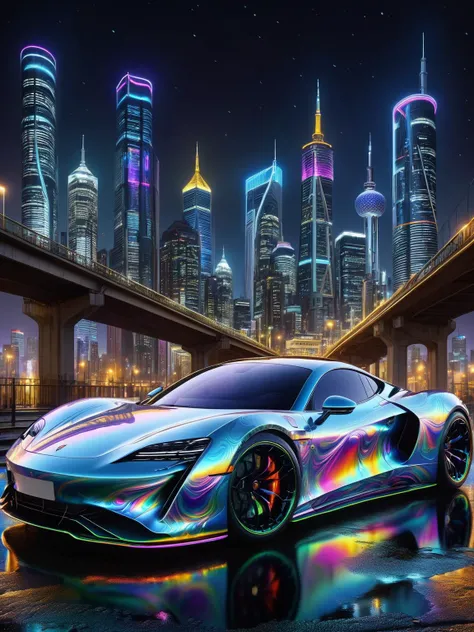 A sleek supercar reflecting the city's neon lights, its surfaces transformed into a ral-oilspill canvas, high-octane, night-time cityscape <lora:ral-oilspill-sdxl:1> <lora:EnvyBetterHiresFixXL01:0:hr=1>
