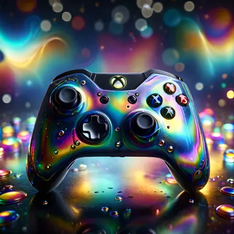 xbox controller,glowing effect in the backround,bokeh,studio photo,highly detailed,ral-oilspill,<lora:ral-oilspill-sdxl:1>,