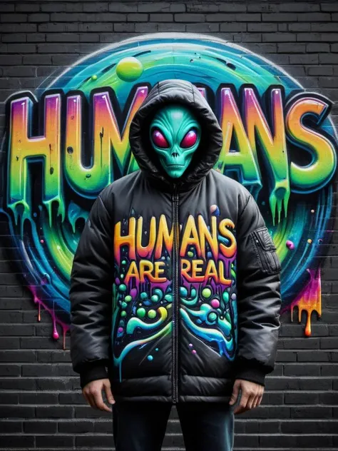 "HUMANS ARE REAL" text logo <lora:Harrlogos_v2.0:0.88> ral-oilspill graffiti thick black outlines, calygraphic wildstyle ral-oilspill bombing, thick lines <lora:ral-oilspill-sdxl:0.48> an alien wearing a large winter jacket, looking at vievwer, black brick wall background