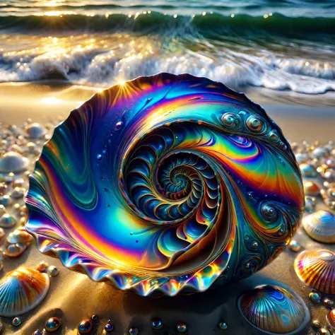 a giant ocean twisted fractal shell on a beach,bokeh,studio photo,sharp focus,highly detailed,ral-oilspill,<lora:ral-oilspill-sdxl:0.8>,<lora:add-detail-xl:1>,