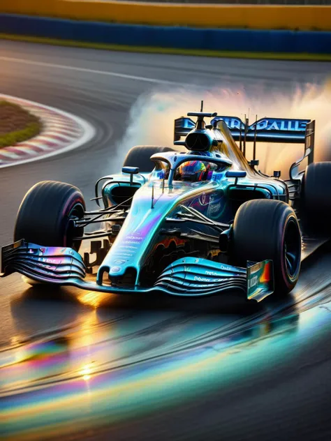 A F1 race car speeding down the track, its chassis a blur of ral-oilspill motion, adrenaline-pumping, high-speed photography <lora:ral-oilspill-sdxl:1> <lora:EnvyBetterHiresFixXL01:0:hr=1>