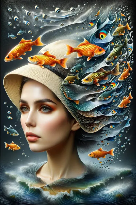 ral-dissolve,<lora:ral-dissolve:1>,ral-oilspill,<lora:ral-oilspill:0.6>,art by escher,<lora:Escher_Blend:1>,
portrait of  a woman with a hat on her head,An optical paradox:1.2 unfolds as fish:1.1 swim in an eternal waterfall:1.2,their scales reflecting the intricacies of tessellation:1.1,a nod to the artist's obsession:1.2,