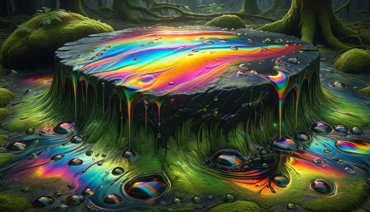 a surreal black slate stone middle of moss forest dripping with <lora:ral-oilspill:1> ral-oilspill 4k, dark background, subsurface scattering, ultra hd, 4k, high def, Photorealistic, Hyperrealistic, Hyper detailed, analog style, realistic, masterpiece, best quality, ultra realistic, 8k, Intricate, High Detail, film photography, soft lighting, heavy shadow