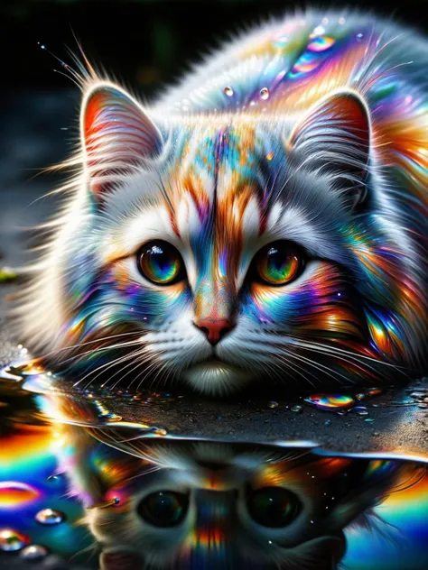 A curious cat peering into a puddle, its reflection a spectrum of ral-oilspill colors, whimsical, playful moment captured <lora:ral-oilspill-sdxl:1> <lora:EnvyBetterHiresFixXL01:0:hr=1>