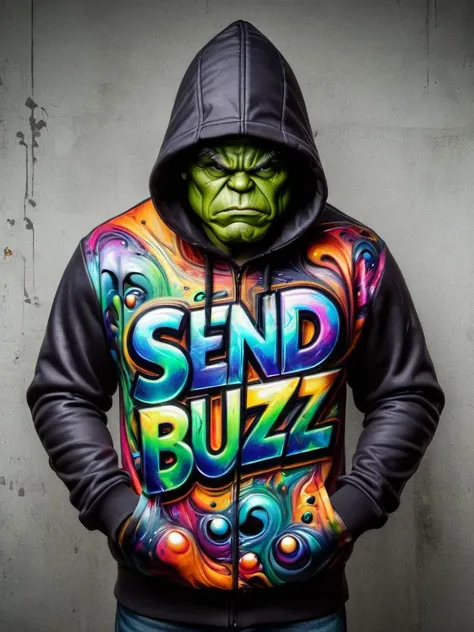 "SEND BUZZ" text logo <lora:Harrlogos_v2.0:0.85> ral-oilspill graffiti thick black outlines, calygraphic wildstyle ral-oilspill bombing, thick lines <lora:ral-oilspill-sdxl:0.6> hulk from the marvels wearing a hoodie, looking at viewer