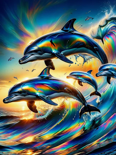 A pod of dolphins leaping from ocean waves, their skins a dance of ral-oilspill light, captured with a high-speed camera, nature's spectacle <lora:ral-oilspill-sdxl:1> <lora:EnvyBetterHiresFixXL01:0:hr=1>