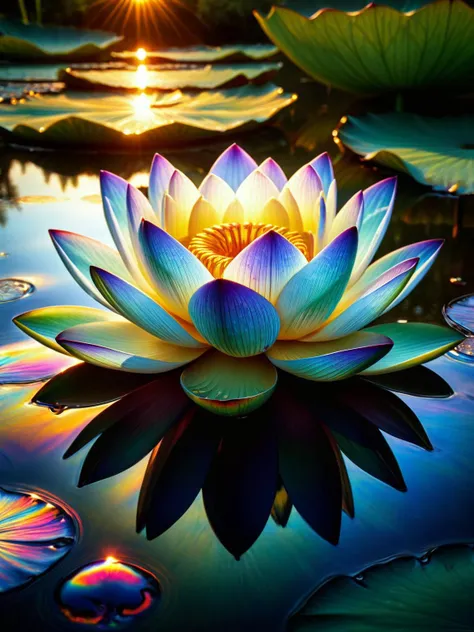 A serene lotus flower opening at dawn, its petals exhibiting a delicate ral-oilspill effect, serene, tranquil pond setting <lora:ral-oilspill-sdxl:1> <lora:EnvyBetterHiresFixXL01:0:hr=1>