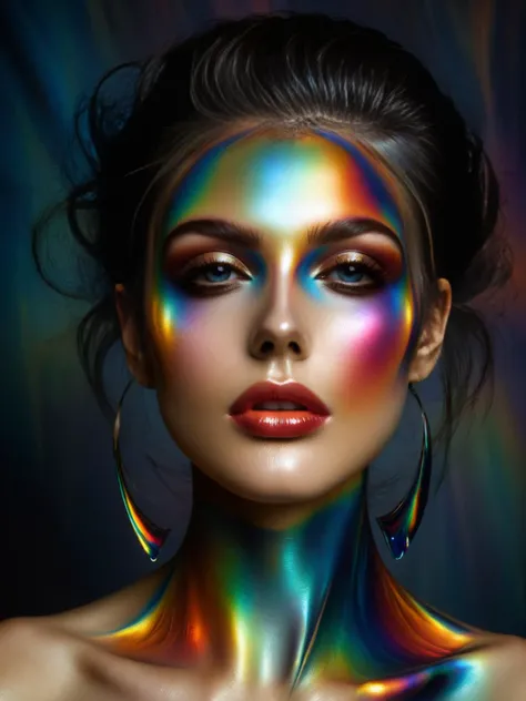 A portrait of a woman with avant-garde makeup, her face and hair a canvas for ral-oilspill artistry, high-fashion, studio lighting <lora:ral-oilspill-sdxl:1> <lora:EnvyBetterHiresFixXL01:0:hr=1>