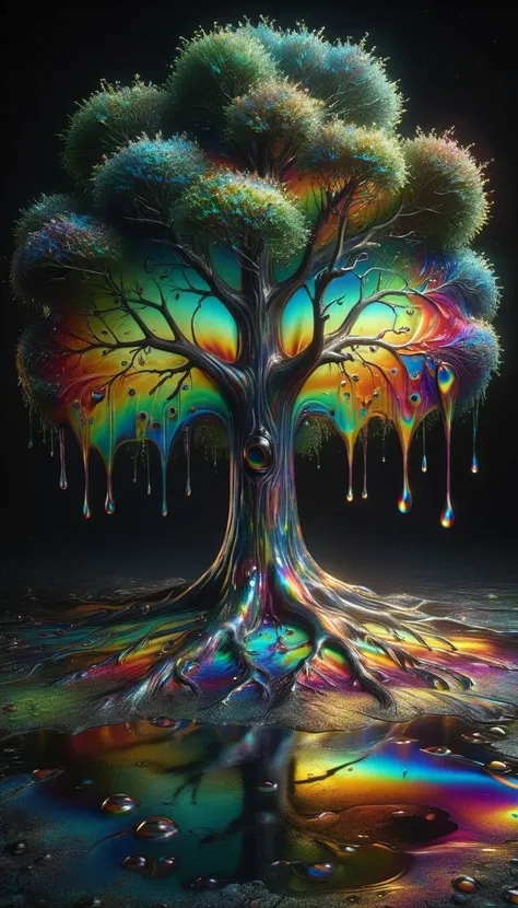 a large tree dripping with <lora:ral-oilspill:1> ral-oilspill 4k, dark background, subsurface scattering, ultra hd, 4k, high def, Photorealistic, Hyperrealistic, Hyper detailed, analog style, realistic, masterpiece, best quality, ultra realistic, 8k, Intricate, High Detail, film photography, soft lighting, heavy shadow