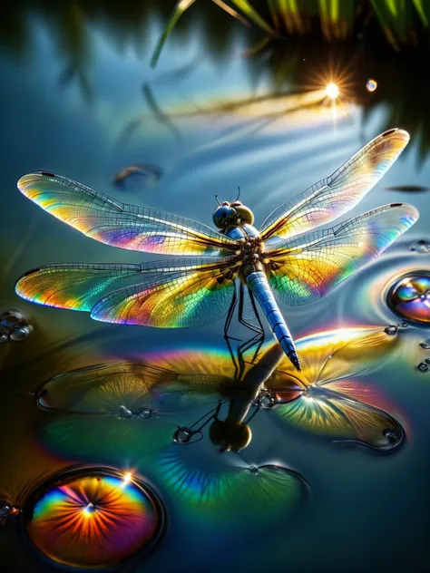 The delicate wings of a dragonfly as it rests on a pond's edge, ral-oilspill pattern glistening, nature macro shot, serene <lora:ral-oilspill-sdxl:1> <lora:EnvyBetterHiresFixXL01:0:hr=1>