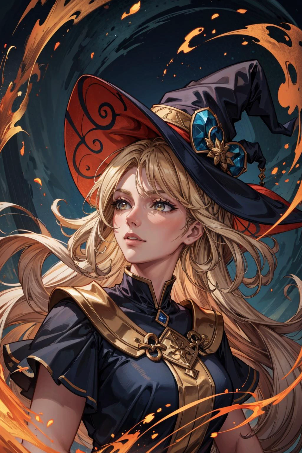 (masterpiece:1.2, best quality:1.2, beautiful, high quality, highres:1.1), detailed, extremely detailed, abstract art, dark, 4K, <lora:add_detail:0.5>, <lora:kittew_v0.1:0.3>, <lora:mitsuart_v8.1a:0.2>,
(1man, muscular adult male:1.2), hazel eyes, medium blonde hair, long hair,
portrait, looking up, solo, upper body, detailed background, witch hat, witch, magical atmosphere, hair flowing in the wind, yellow trimmed dark colored clothes, colorful whirlwind of swirling magic weaves in the air, swirling portal, dark magic, floating particles, dark sinister forest background, dim light,