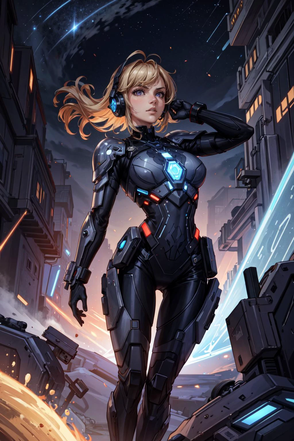 (masterpiece:1.2, best quality:1.2, beautiful, high quality, highres:1.1), detailed, extremely detailed, abstract art, dark, 4K, <lora:add_detail:0.5>, <lora:kittew_v0.1:0.3>, <lora:mitsuart_v8.1a:0.2>,
1 girl, adult woman, purple eyes, dark blonde straight hair,
Style-GravityMagic, solo, (full body:0.6), looking up, detailed background, detailed face, (fallout theme:1.1), futuristic soldier, infiltrator, wearing gray space-suit, antenna, headset, nanotechnology, serious face, plastic parts, glowing orange lights, hangar in background, floating particles, cinematic atmosphere,