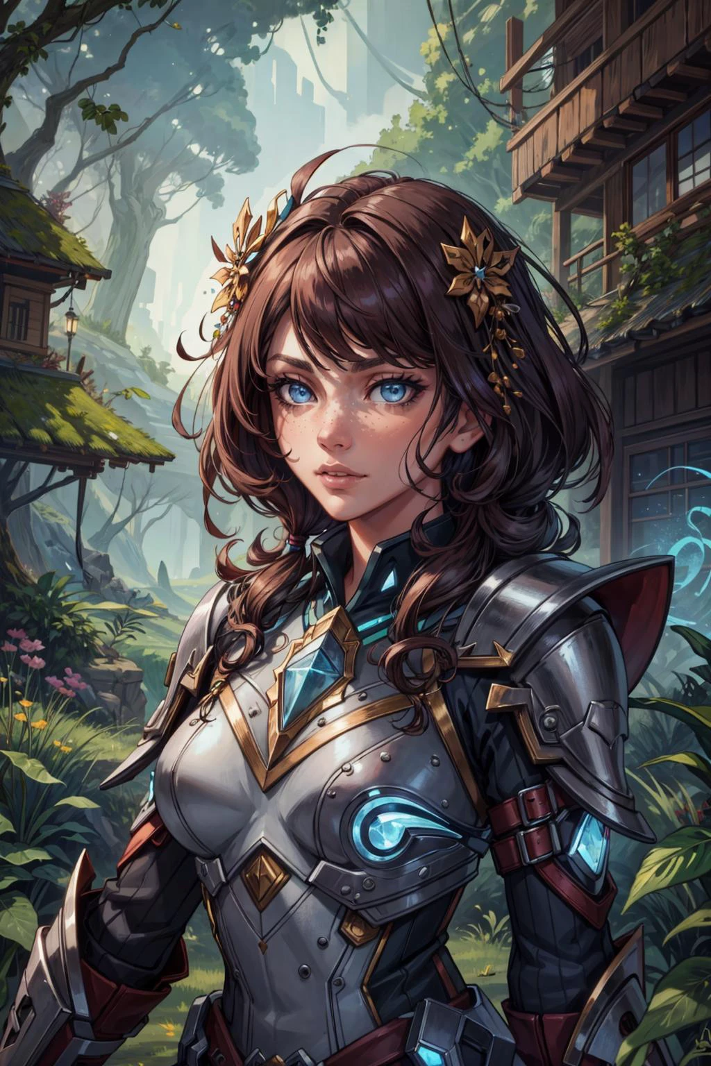(masterpiece:1.2, best quality:1.2, beautiful, high quality, highres:1.1), detailed, extremely detailed, abstract art, dark, 4K, <lora:add_detail:0.5>, <lora:kittew_v0.1:0.3>, <lora:mitsuart_v8.1a:0.2>,
1 girl, adult (elven:0.7) woman, freckles, blue eyes, brown shaggy hair,
portrait, solo, upper body, looking away, detailed background, detailed face, (<lora:SolarpunkAI:0.5>, green-powered, solarpunk theme:1.1) glowing eyes, flower-fighter, wooden armor, blending of leaves with armor, dynamic pose, stoic, tree runes, natural markings on skin, mystical sigils on armor, mystical energy, overgrown flowersparticle effects, village left to crumble in background, storm brewing, backlighting, mystical atmosphere,