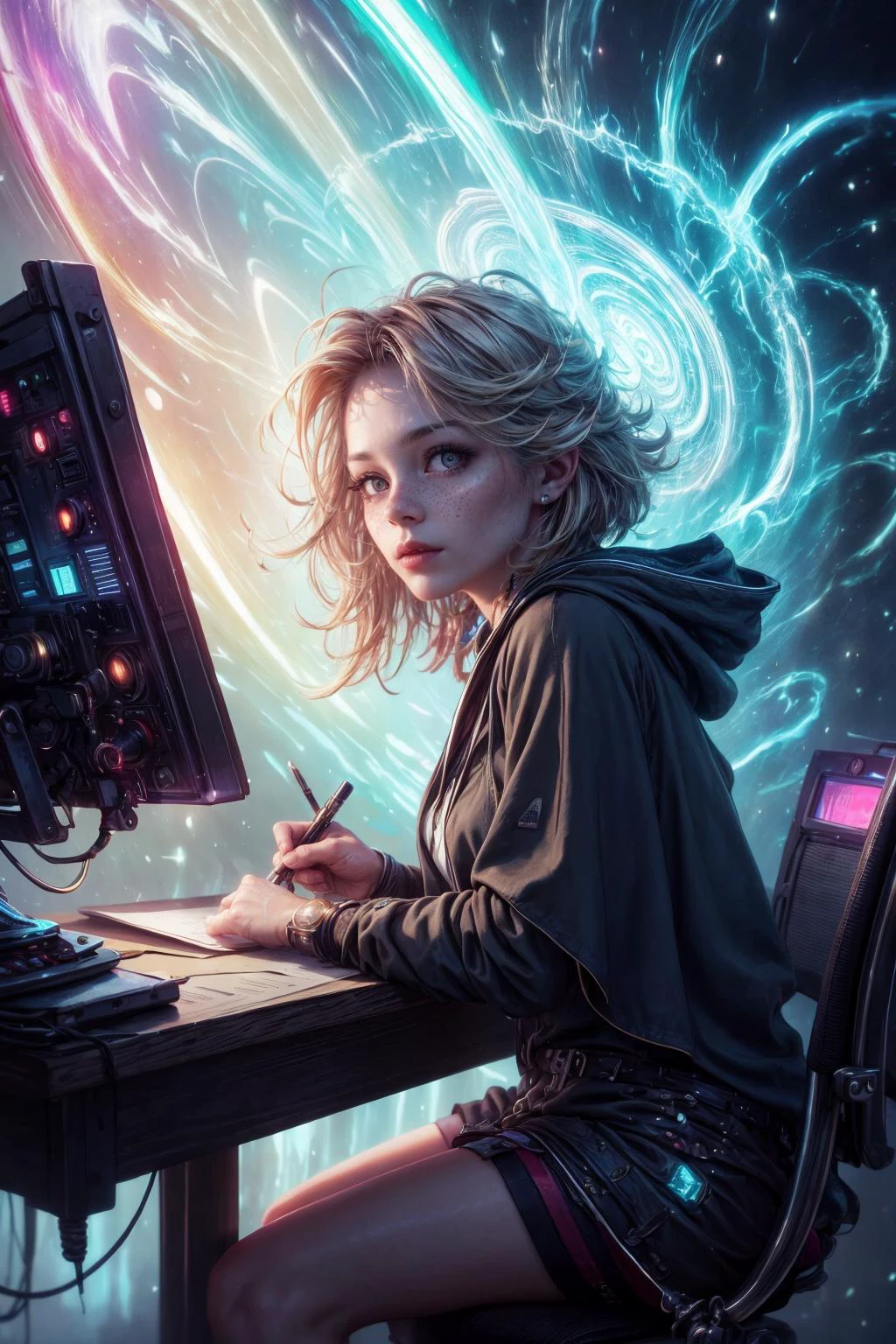 <lora:add_detail:1>
1 girl, adult (elven:0.7) woman, freckles, silver eyes, yellow layered hair,
portrait, solo, half shot, looking at viewer, detailed background, detailed face, intricate details, (<lora:CyberPunkAI:0.6>, CyberpunkAI theme:1.1) scholar sitting at desk, scholar robes, writing, lost in thought, surrounded by maps, notes, swirling magical symbols, magic texts, cryptic device, formulas, magic emerging from text, (style-swirlmagic:1.0), knowledge, archive in background, magical light, mysterious atmosphere,
<lora:mitsuart_v8.1a:0.6>,