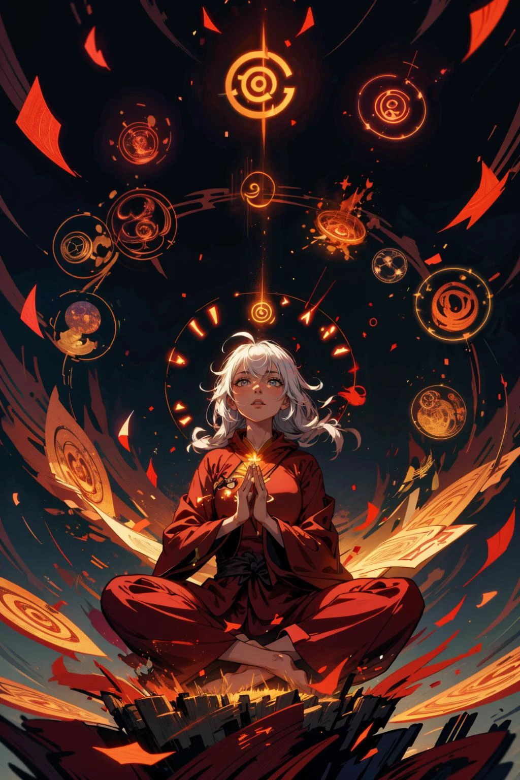 (masterpiece:1.2, best quality:1.2, beautiful, high quality, highres:1.1), detailed, extremely detailed, abstract art, dark, 4K, <lora:add_detail:0.5>, <lora:kittew_v0.1:0.3>, <lora:mitsuart_v8.1a:0.2>,
(1man, old male:1.2), wise, coral eyes, gray hair, long hair,
portrait, solo, full body, looking down, detailed background, detailed face, (<lora:Magic Circle_20230812103010:0.6>, Magic Circle theme:1.1), buddhist monk, monk robes, glowing talisman, incense, symmetrical, (legs crossed, lotus position:1.1), (levitating, meditating:1.3), prayer, ethereal wisdom, , yin-yang symbol, , astral projection, eternal peace, (hovering in the air, up in the air, mid-air:1.2), surrounded by floating petals, emanating spiritual aura, bioluminescence, floating particles, cosmic void in background, ethereal atmosphere,