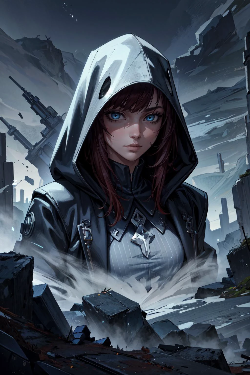 (masterpiece:1.2, best quality:1.2, beautiful, high quality, highres:1.1), detailed, extremely detailed, abstract art, dark, 4K, <lora:add_detail:0.5>, <lora:kittew_v0.1:0.3>, <lora:mitsuart_v8.1a:0.2>,
(1man, muscular adult italian male:1.2), turquoise eyes, chestnut hair, textured fringe,
portrait, solo, upper body, looking at viewer, detailed background, detailed face, ( theme:1.1) calm, otherworldly soul reaper, hooded, omen, death, floating particles, dark shadows, cold, underworld, crypt in background, ravens in background, mist, dark clouds, low light, mysterious lighting, sinister dark atmosphere,