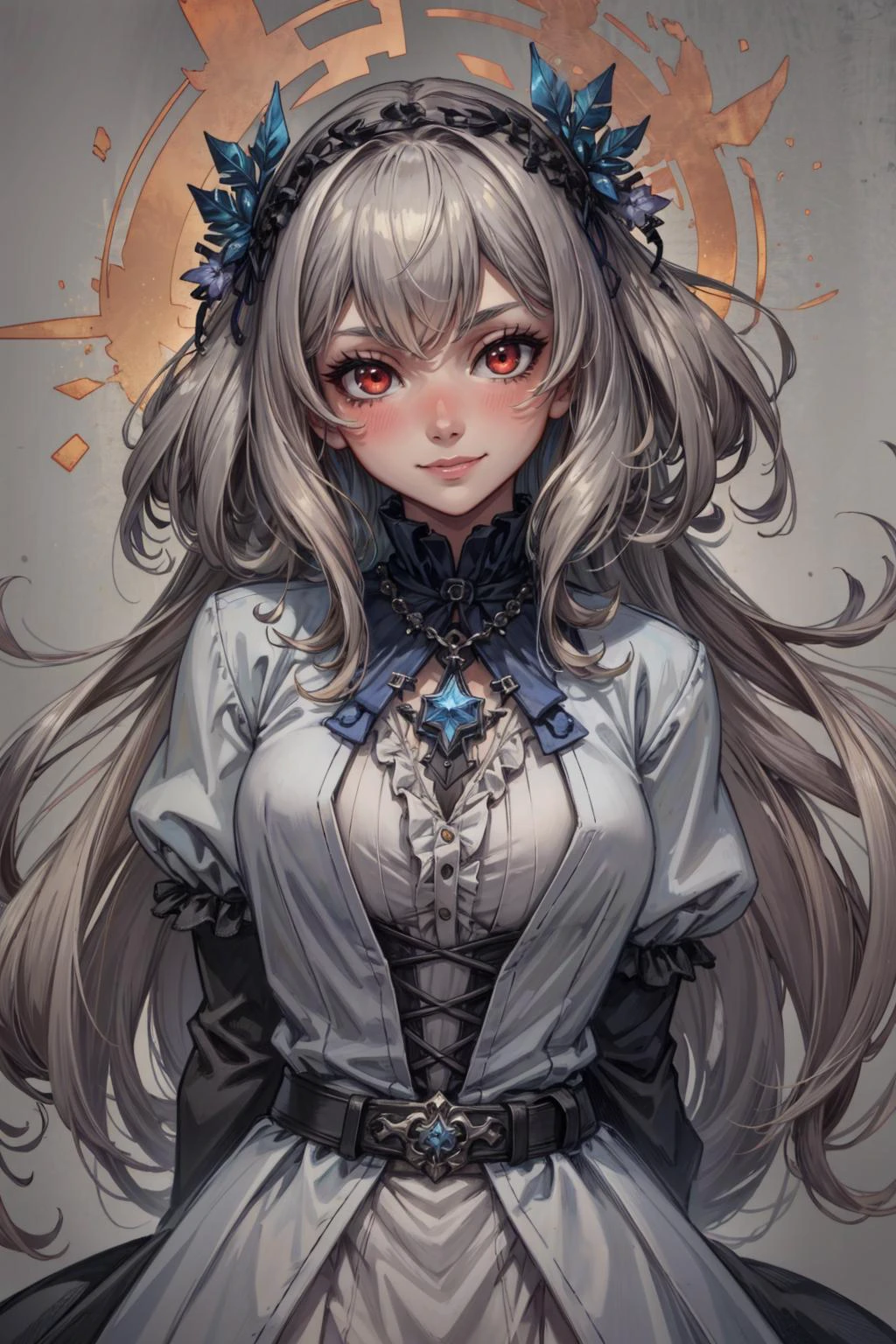 (masterpiece:1.2, best quality:1.2, beautiful, high quality, highres:1.1), detailed, extremely detailed, abstract art, dark, 4K, <lora:add_detail:0.5>, <lora:kittew_v0.1:0.3>, <lora:mitsuart_v8.1a:0.2>,
1 girl, adult german woman, red eyes, brown wavy hair, ombre, ,
solo, <lora:GoodHands-beta2:0.8>,
(simple background, gray color palette:1.2),
upper body,
from front, frontal view,
arms behind back, wide pose, standing,
pale skin, smooth skin,
smiling, sexy, confident, blushing,
blouse, loose, ruffles, runic pattern,,
, necklace, tatters,
(pagan , renaissance theme:1.2),
particle effects, leaves, , faded colors,