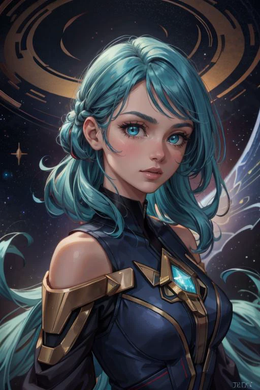 (masterpiece:1.2, best quality:1.2, beautiful, high quality, highres:1.1), detailed, extremely detailed, abstract art, dark, 4K, <lora:add_detail:0.5>, <lora:kittew_v0.1:0.3>, <lora:mitsuart_v8.1a:0.2>,
1 girl, adult (elven:0.7) woman, turquoise eyes, chestnut half-up half-down hairstyle,
Style-GravityMagic, portrait, solo, upper body, looking at viewer, detailed background, detailed face, (startrek theme:1.1) 0.25::planewalker, star sign, at peace, spiritual, scorpio, esoteric patterns, interstellar power, galaxies, bright lights, cosmic light, aura, cosmic dust, backlighting, cosmic space background, dreamlike ethereal atmosphere,