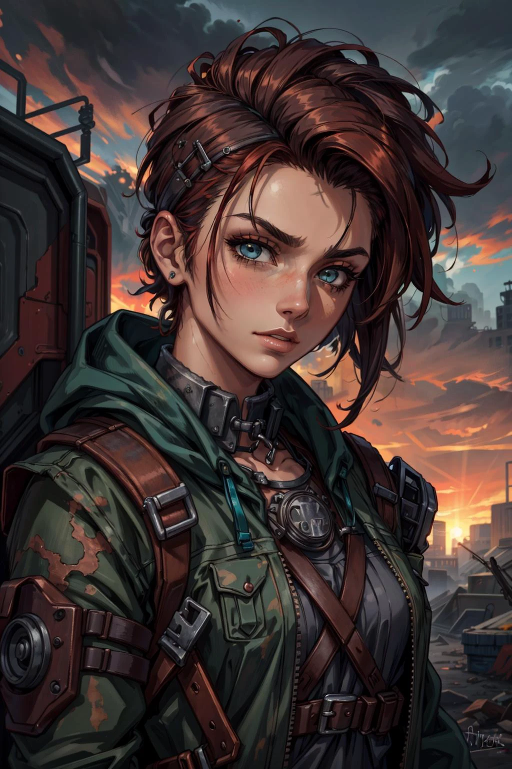 (masterpiece:1.2, best quality:1.2, beautiful, high quality, highres:1.1), detailed, extremely detailed, abstract art, dark, 4K, <lora:add_detail:0.5>, <lora:kittew_v0.1:0.3>, <lora:mitsuart_v8.1a:0.2>,
(1man, thin adult male:1.2), teal eyes, dark brown hair, fade with sideburns,
portrait, solo, upper body, looking away, detailed background, detailed face, (<lora:postapocalypseAI:0.4>, postapoAI, post-apocalyptic dark dystopian theme:1.1), rust-champion, rusty armor, rusted iron, rusted metal, (rusty:1.05), red rust, grungy, dented, soot, made of rust, left to rust, dynamic pose, abandoned rust in background, low light, cinematic atmosphere,