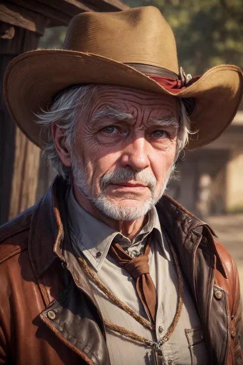 <lora:add_detail:1>
(1man, wrinkled face, old  male:1.2), wise,  amber eyes, graying hair, textured crop,
portrait, looking at viewer, solo, half shot, detailed face, (red dead redemption theme:1.1), 18th century wild west, american frontier, gunslinger,  bandana,   (cape:0.8), bolo tie, wild west era dark mine shaft interior with minecart in background,  tumbleweed,  sunshine,   cinematic atmosphere, wind blowing,
<lora:mitsuart_v8.1a:0.6>,