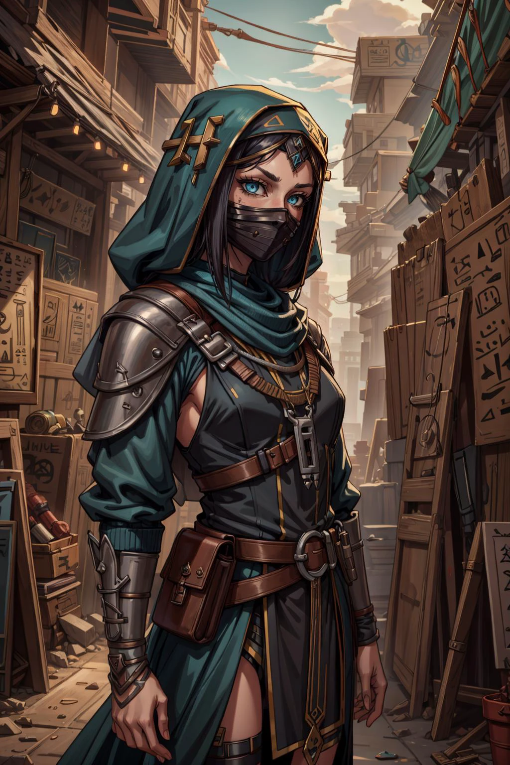 (masterpiece:1.2, best quality:1.2, beautiful, high quality, highres:1.1), detailed, extremely detailed, abstract art, dark, 4K, <lora:add_detail:0.5>, <lora:kittew_v0.1:0.3>, <lora:mitsuart_v8.1a:0.2>,
1 girl, adult (elven:0.7) woman, freckles, aquamarine eyes, medium brown straight hair,
portrait, looking down, solo, half shot, detailed background, detailed face, (<lora:Cyber_Egypt:0.6>, Cyber_Egypt theme:1.1), face covered by bandana, sapper, (tattoos:0.9), thieves guild, rugged dark leather clothes, keys, small leather pouch, high fantasy medieval setting, dark alleyway background, stealth, undercover, illegal, suspicious, secret, coins, secret passage, low light, grunge atmosphere,