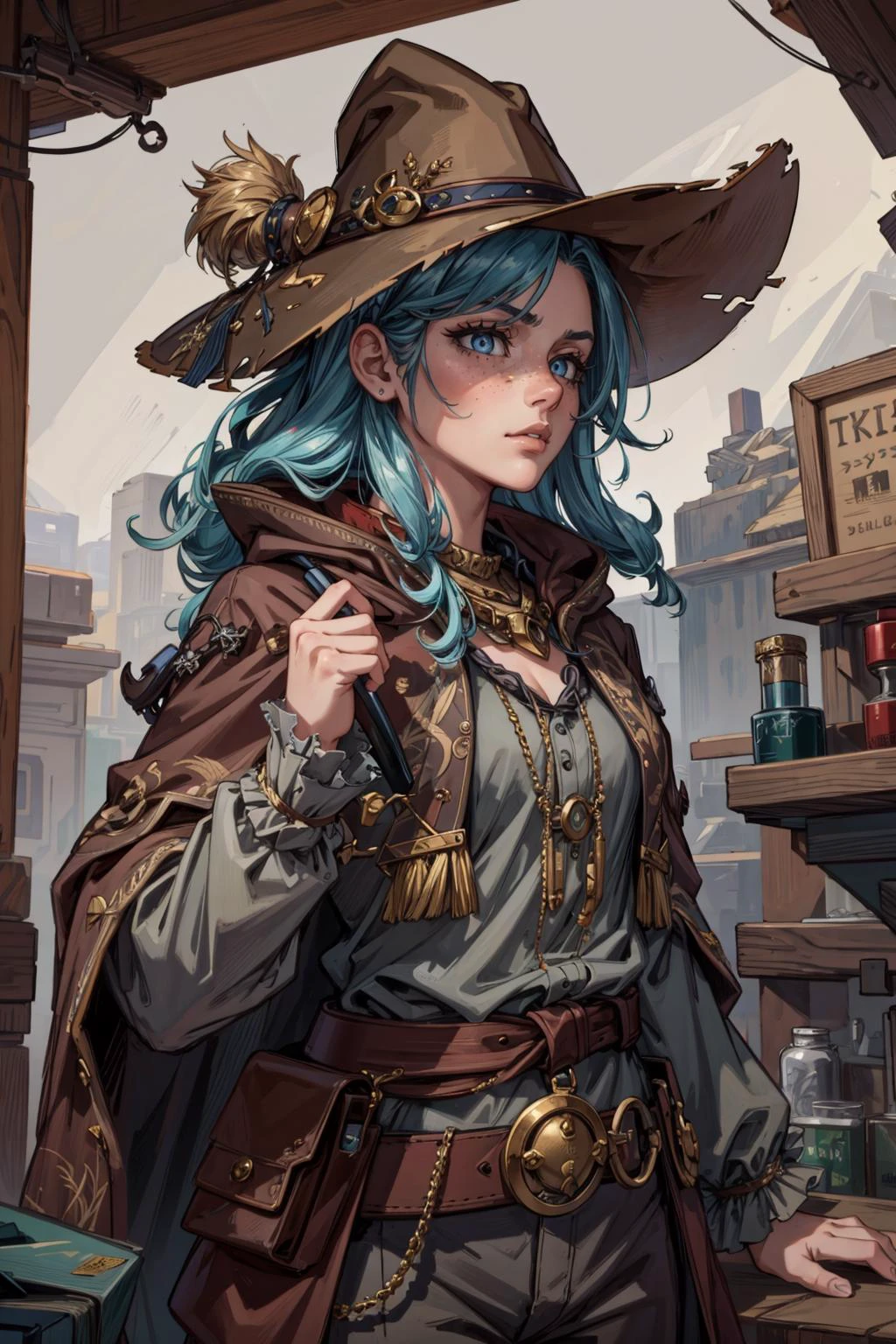 (masterpiece:1.2, best quality:1.2, beautiful, high quality, highres:1.1), detailed, extremely detailed, abstract art, dark, 4K, <lora:add_detail:0.5>, <lora:kittew_v0.1:0.3>, <lora:mitsuart_v8.1a:0.2>,
1 girl, adult (elven:0.7) woman, freckles, grey-blue eyes, chestnut twin drills hair,
portrait, looking down, focus on character, solo, upper body, detailed face, (<lora:StonepunkAI:0.6>, stonepunkAI, stone theme:1.1), gunslinger, pocket-watch, belt, poncho, bolo tie, dynamic pose, gritty expression, 18th century wild west, wild west era saloon with wanted poster in background, tumbleweed, high noon, epic atmosphere, arid,