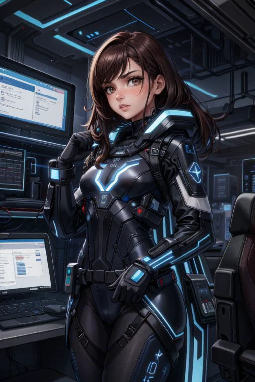 (masterpiece:1.2, best quality:1.2, beautiful, high quality, highres:1.1), detailed, extremely detailed, abstract art, dark, 4K, <lora:add_detail:0.5>, <lora:kittew_v0.1:0.3>, <lora:mitsuart_v8.1a:0.2>,
1 girl, adult european woman, dark brown eyes, medium brown textured hair,
looking at viewer, solo, half shot, detailed background, detailed face, (matrix theme:1.1) high-tech futuristic hacker, advanced technology, techwear, keycard, cables, blue (holographic display:1.05), barcode, computer, cryptography, control panel in background, red lights, stealth, dark sinister atmosphere,
