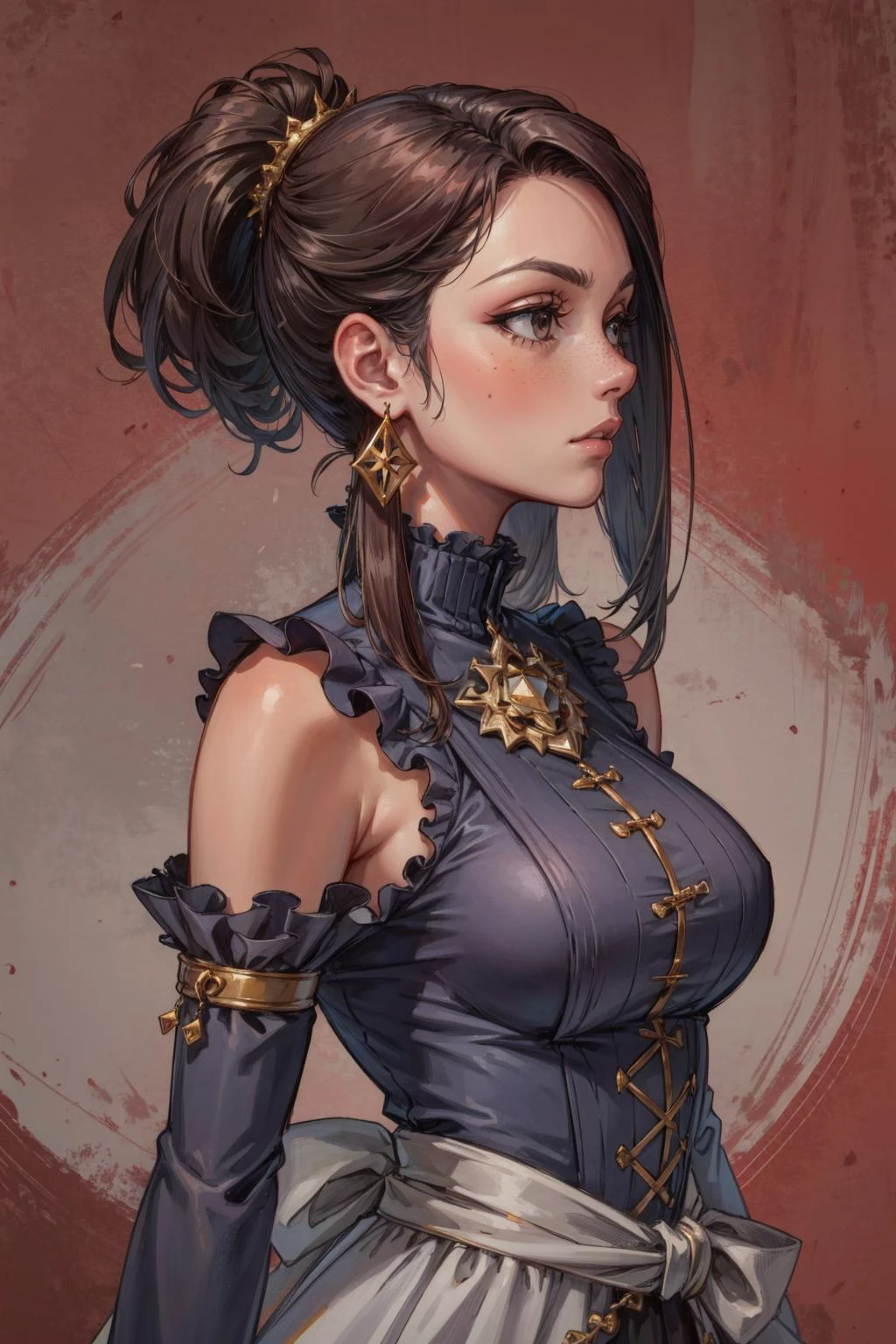 (masterpiece:1.2, best quality:1.2, beautiful, high quality, highres:1.1), detailed, extremely detailed, abstract art, dark, 4K, <lora:add_detail:0.5>, <lora:kittew_v0.1:0.3>, <lora:mitsuart_v8.1a:0.2>,
1 girl, adult woman, freckles, black eyes, brown textured hair, ,
solo, <lora:GoodHands-beta2:0.8>,
(simple background, dark purple color palette:1.1),
upper body,
from side, side view,
arms crossed, standing,
sexy, shy,
pink clothes, shirt, detached sleeves, frills, silk material,,
earrings,
(aristocratic theme:1.0),