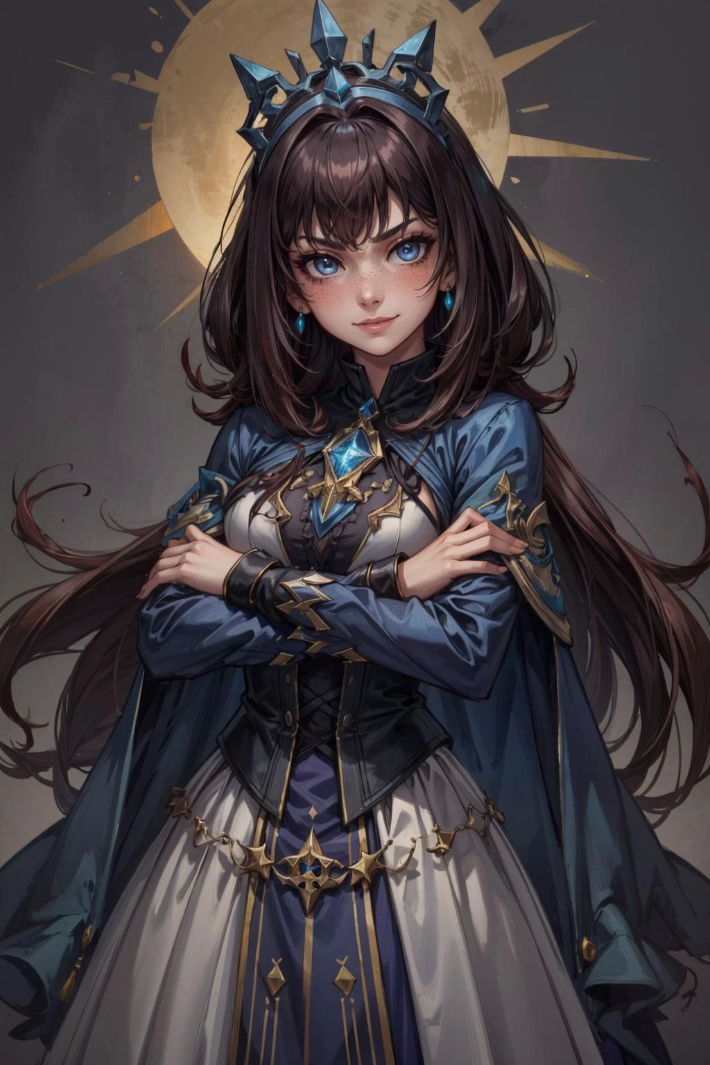(masterpiece:1.2, best quality:1.2, beautiful, high quality, highres:1.1), detailed, extremely detailed, abstract art, dark, 4K, <lora:add_detail:0.5>, <lora:kittew_v0.1:0.3>, <lora:mitsuart_v8.1a:0.2>,
1 girl, adult woman, freckles, grey-blue eyes, brown straight hair, ombre, bangs, ,
solo, <lora:GoodHands-beta2:0.8>,
(simple background, dark purple color palette:1.1),
upper body,
arms crossed, standing,
pale skin, smooth skin,
smiling, sexy, blushing,
microskirt, see-through, laces, abstract pattern,,
jewelry,
(sun, solar , magical witchcraft theme:1.1),