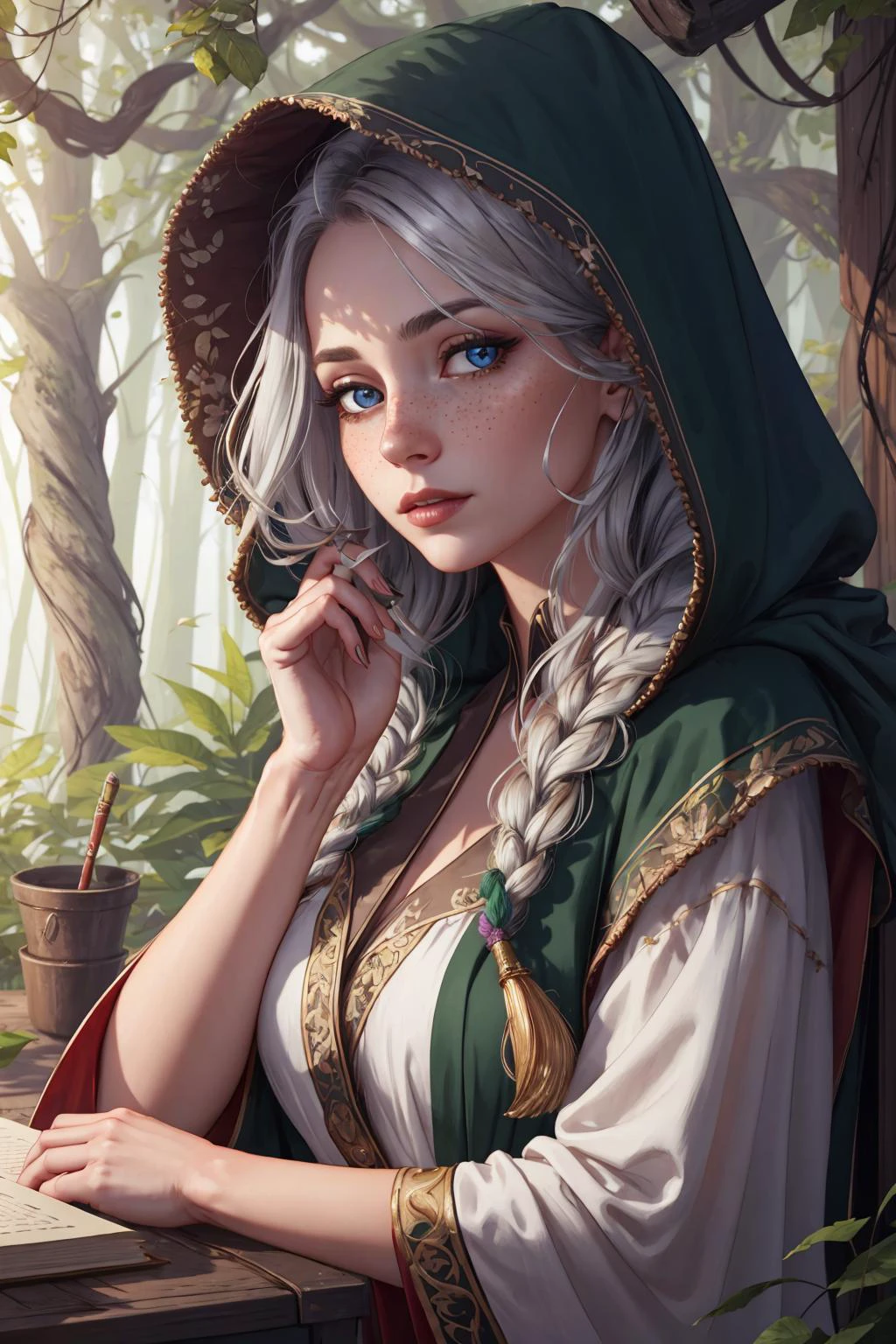 colorful, hyper detail, dramatic light, intricate details, best quality, (extremely detailed CG unity 8k wallpaper, masterpiece, best quality, ultra-detailed, best shadow),
1 girl, adult hungarian woman, freckles, blue eyes, silver waterfall braid,
character focus portrait, solo, upper body, looking at viewer, detailed background, detailed face, (victorian theme:1.1), serene expression, forest druid, wearing natural colored green flowing robes, hood, leather, feathers, sitting, healing magic, inscriptions, mystical glow, natural magic, (style-swirlmagic:0.8), swirling leaves vines, roots, lilies, moonlight, bloom, nature shrine in background, ethereal atmosphere,
<lora:mitsuart_v8.1a:0.6>,