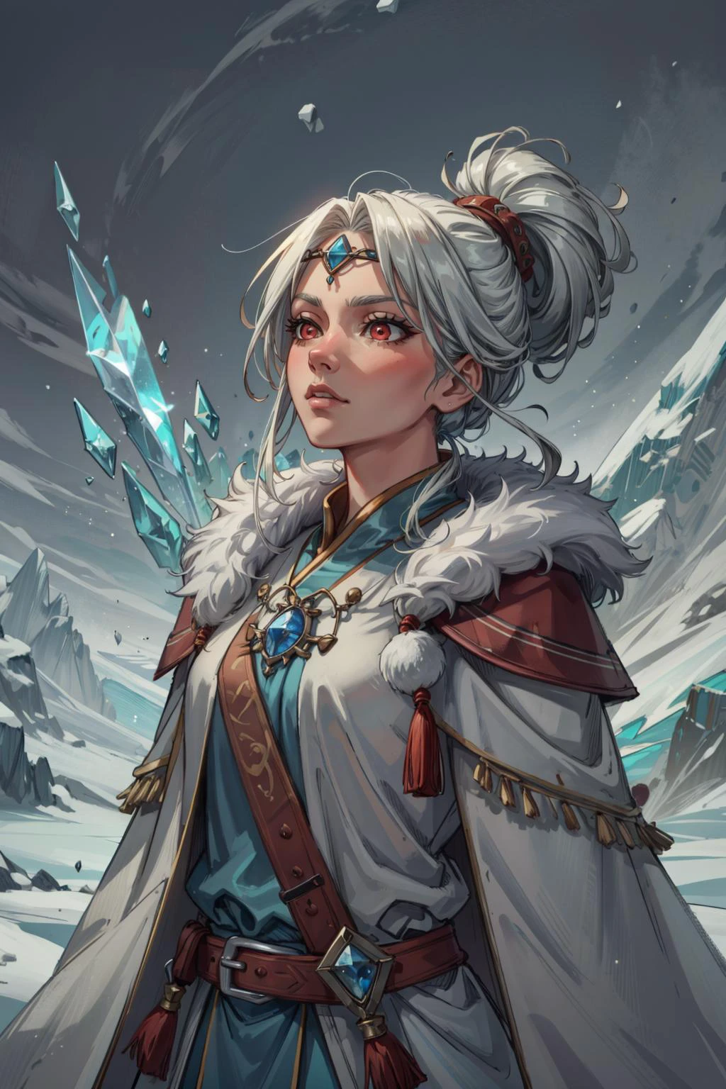 (masterpiece:1.2, best quality:1.2, beautiful, high quality, highres:1.1), detailed, extremely detailed, abstract art, dark, 4K, <lora:add_detail:0.5>, <lora:kittew_v0.1:0.3>, <lora:mitsuart_v8.1a:0.2>,
<lora:GoodHands-beta2:0.8>,
1 girl, adult woman, red eyes, medium brown prom hairstyle,
Style-GravityMagic, solo, upper body, looking up, detailed background, detailed face, (<lora:MongolPunkAI:0.6>, MongolPunkAI, mongolian steppe nomad theme:1.1), frost sorcerer, wearing embroidered white sorcerer robes, frozen circlet, belt, mythical spear of winter, magical sapphire necklace, chilled confidence, permafrost, manipulating snow, surrounded by frosty power, floating particles, ice crystals, enchanted runes, icy mountain peak in background, wisps of cool mist , reflective icy surfaces, freezing air, serene atmosphere,