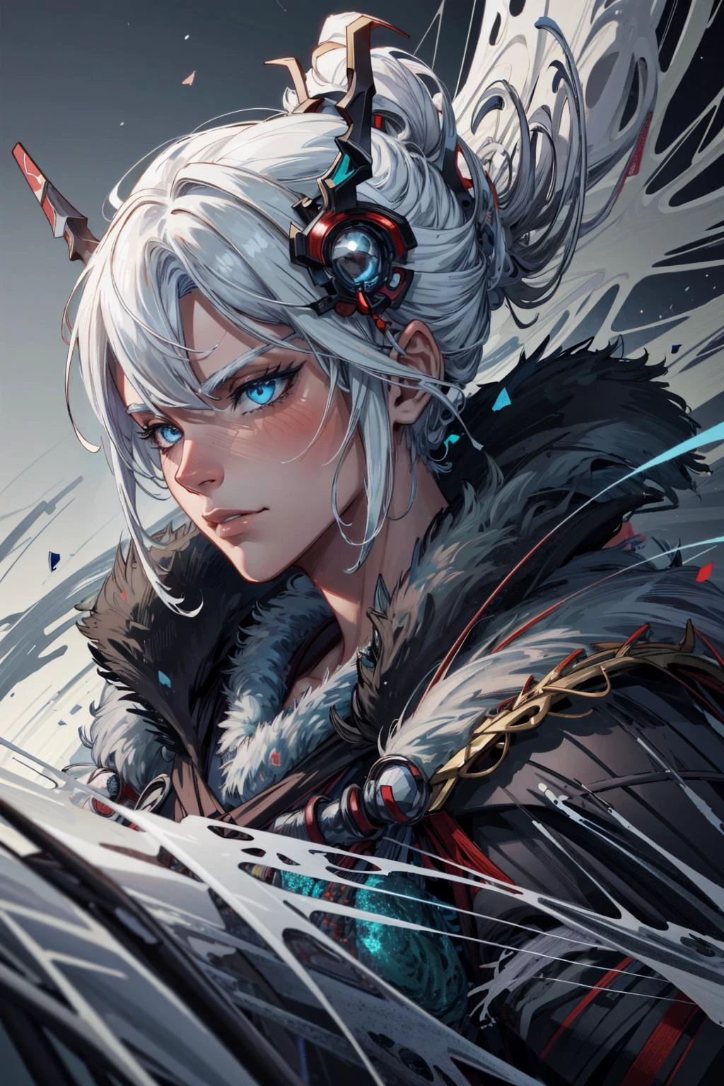(masterpiece:1.2, best quality:1.2, beautiful, high quality, highres:1.1), detailed, extremely detailed, abstract art, dark, 4K, <lora:add_detail:0.5>, <lora:kittew_v0.1:0.3>, <lora:mitsuart_v8.1a:0.2>,
(1man, old male:1.2), wise, light blue eyes, white hair, high-fade,
portrait, solo, (full body:0.6), looking up, detailed background, detailed face, (<lora:WebbedTech:0.6>, fuzzy organic webs, webbedtech theme:1.1), ronin, light green samurai clothing, samurai helmet, bushido, banner in background, cinematic atmosphere,
