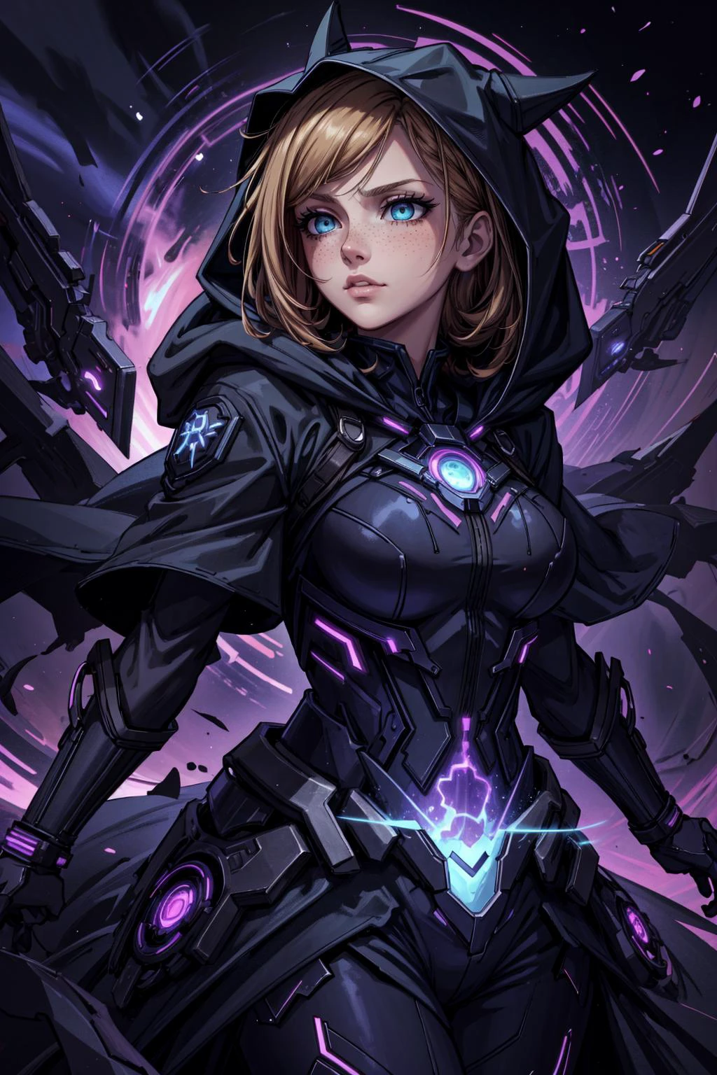 (masterpiece:1.2, best quality:1.2, beautiful, high quality, highres:1.1), detailed, extremely detailed, abstract art, dark, 4K, <lora:add_detail:0.5>, <lora:kittew_v0.1:0.3>, <lora:mitsuart_v8.1a:0.2>,
1 girl, adult woman, freckles, teal eyes, dark blonde half-up half-down hairstyle,
solo, (full body:0.6), looking away, detailed background, detailed face, (<lora:UltraBlackholeTech:0.6>, scifi, excessive energy, ulblackholetech theme:1.1) calm, ethereal glowing eyes, soul reaper, hooded, dark clothes, dynamic pose, reaper, death, floating particles, dark shadows, graveyard in background, low light, mysterious lighting, eerie dark atmosphere,